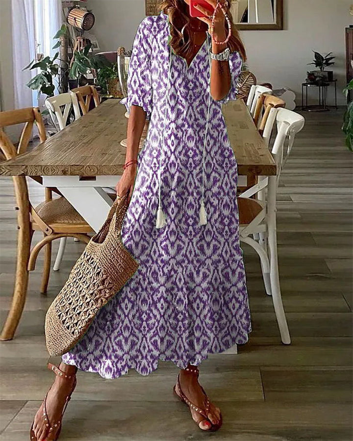 Robe longue col V en imprimé avec demi-manche