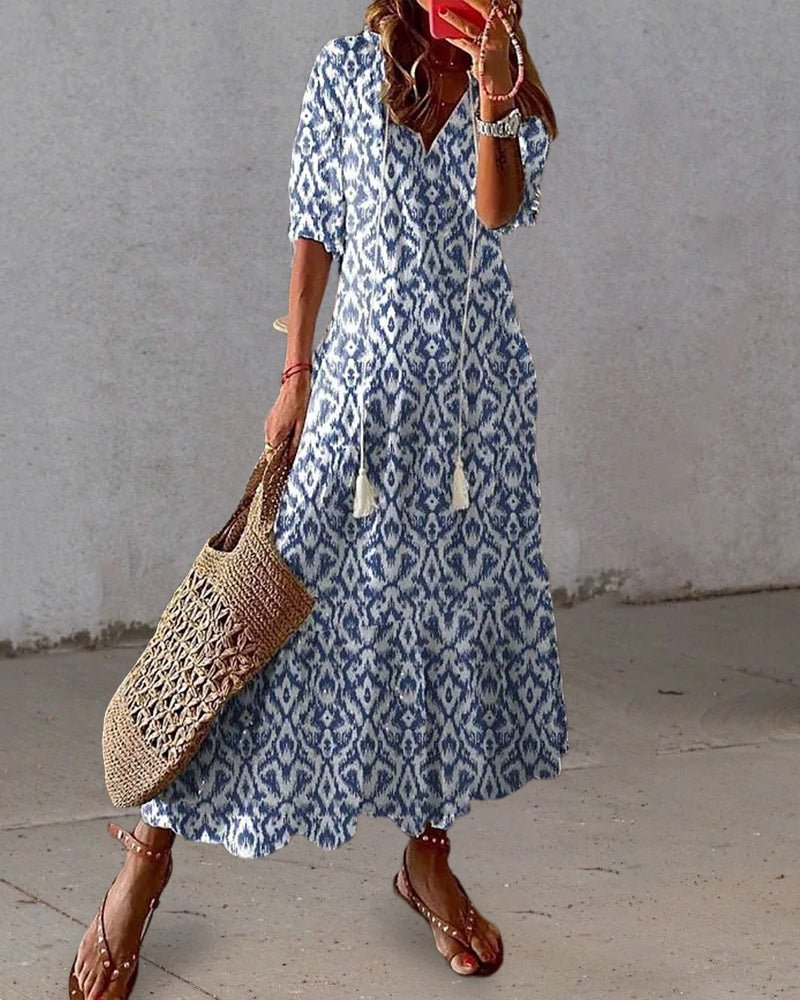 Robe longue col V en imprimé avec demi-manche