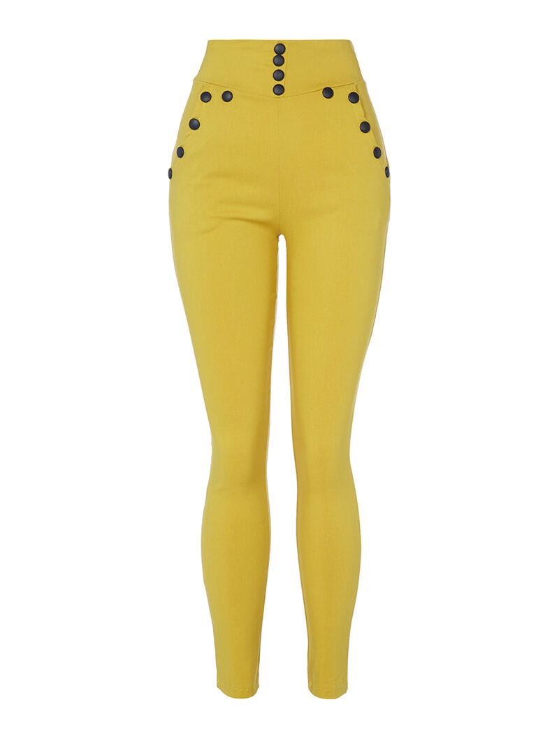 Pantalon moulant à boutons décoratifs - jaune safran