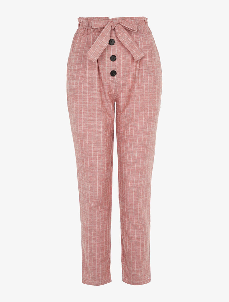 Pantalon paperbag en lin mélangé - rouge