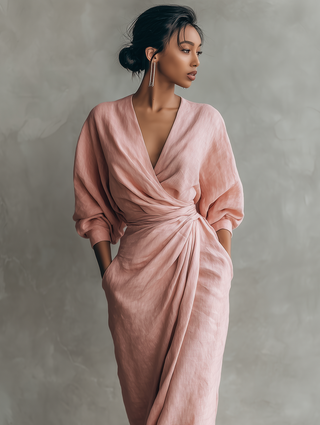 Rosalie | Robe Maxi Lin Col V Croisé Drapé & Torsade à la Taille