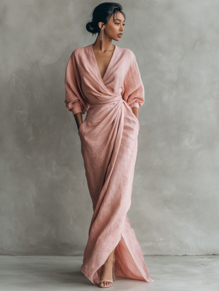 Rosalie | Robe Maxi Lin Col V Croisé Drapé & Torsade à la Taille