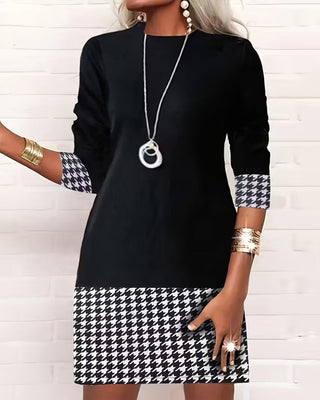 Robe Pied-de-poule Panneaux Manches Longues