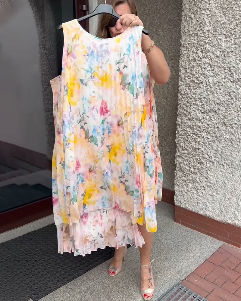 Robe Sans Manches Plissée Fleurie