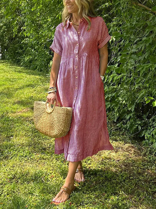 Wendy | Robe Chemise Rayée Lin & Manches Courtes