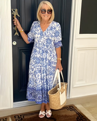 Ellie | Robe Midi Coton Imprimé Floral Bleu & Blanc Col V Étagée