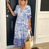 Ellie | Robe Midi Coton Imprimé Floral Bleu & Blanc Col V Étagée