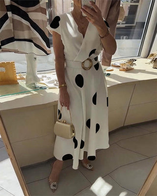 Ariel | Robe Midi Pois Grands Col V & Ceinture Dorée