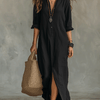 Noémie | Robe Maxi Chemise Lin Col Chemisier & Fente Latérale