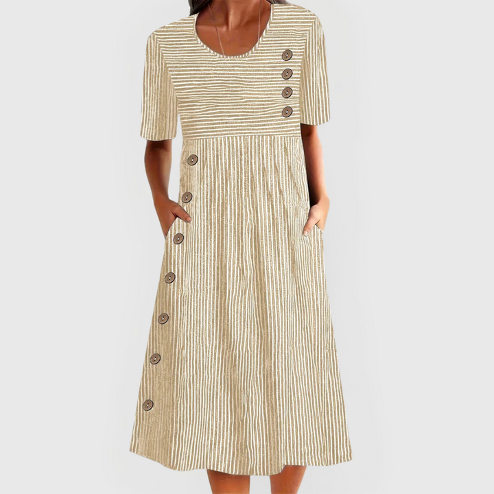 Sophia | Robe Midi Rayée à Boutons & Poches