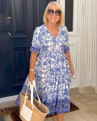 Ellie | Robe Midi Coton Imprimé Floral Bleu & Blanc Col V Étagée