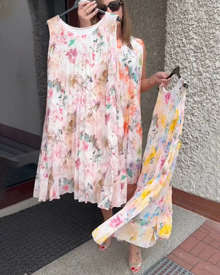 Robe Sans Manches Plissée Fleurie