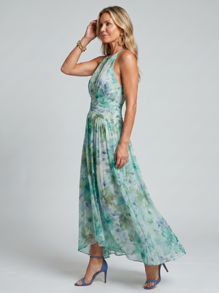 Portia | Robe Midi Mousseline Plissée Halter Imprimé Floral Aquarelle