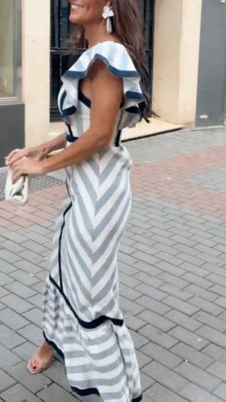 Dianne | Robe Maxi Rayée Col Carré Volants & Liserés Marine