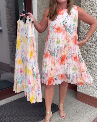 Robe Sans Manches Plissée Fleurie