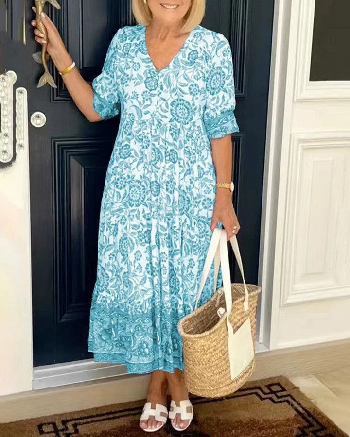 Ellie | Robe Midi Coton Imprimé Floral Bleu & Blanc Col V Étagée