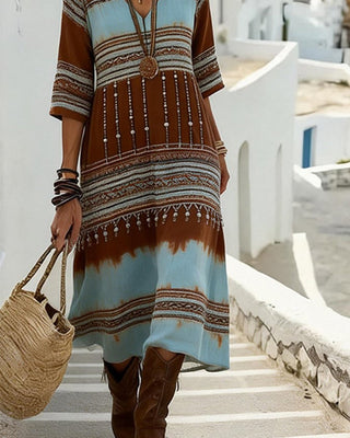 Robe Col V Imprimée Style Bohème