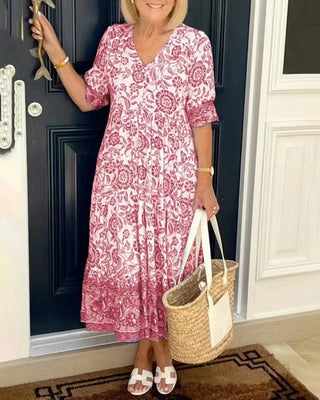 Ellie | Robe Midi Coton Imprimé Floral Bleu & Blanc Col V Étagée