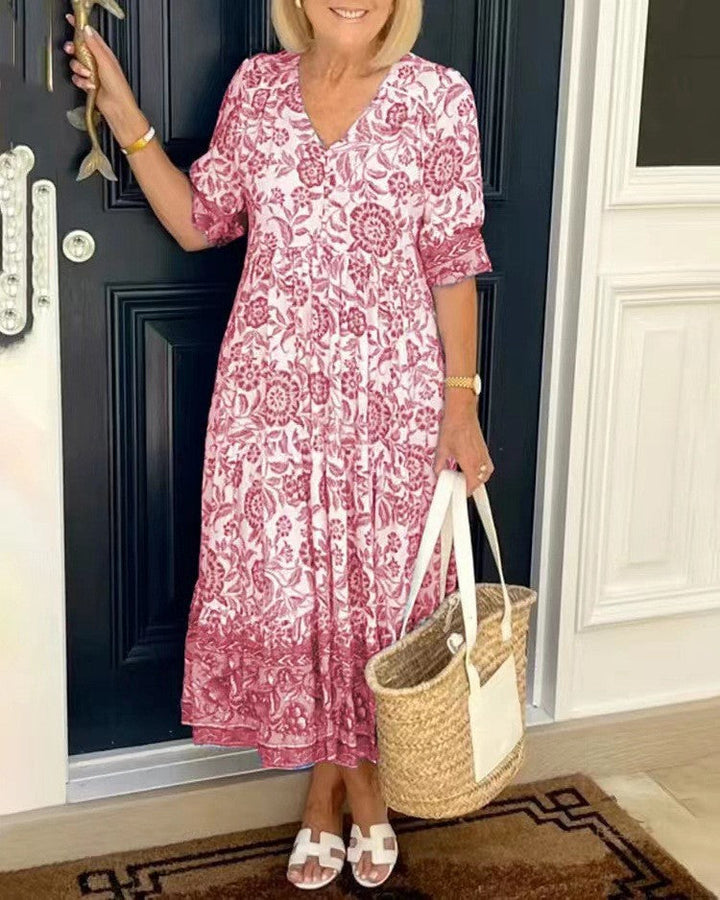 Ellie | Robe Midi Coton Imprimé Floral Bleu & Blanc Col V Étagée