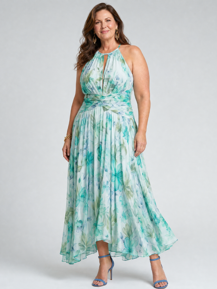 Portia | Robe Midi Mousseline Plissée Halter Imprimé Floral Aquarelle