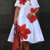 Flore | Robe Midi Ample Imprimé Fleurs Rouges Col V & Fronces