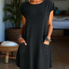 Robe Détail Poche Col Rond Manches Courtes