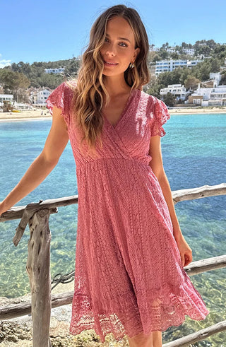 Angélique | Robe Midi Dentelle Col V Croisé & Manches Volantées