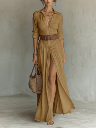 Robe Maxi Longue avec Col Revers et Manches Longues en Lin pour Femme