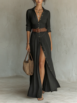 Robe Maxi Longue avec Col Revers et Manches Longues en Lin pour Femme