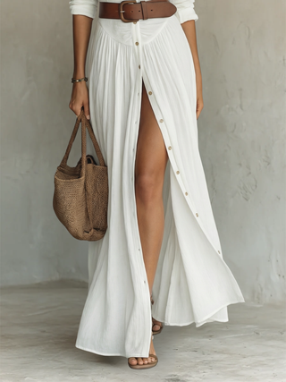 Robe Maxi Longue avec Col Revers et Manches Longues en Lin pour Femme