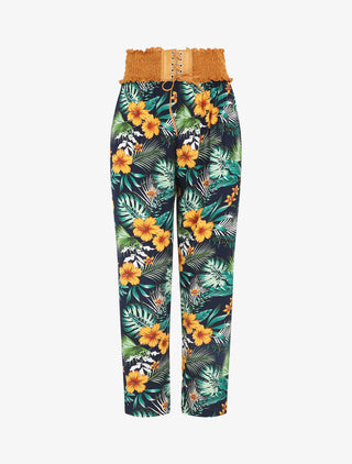 Pantalon droit taille haute imprimé tropical - Marine