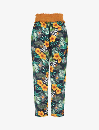 Pantalon droit taille haute imprimé tropical - Marine
