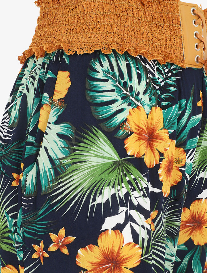 Pantalon droit taille haute imprimé tropical - Marine