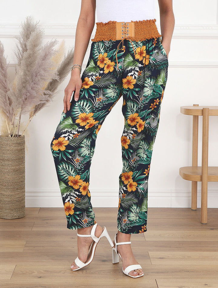 Pantalon droit taille haute imprimé tropical - Marine