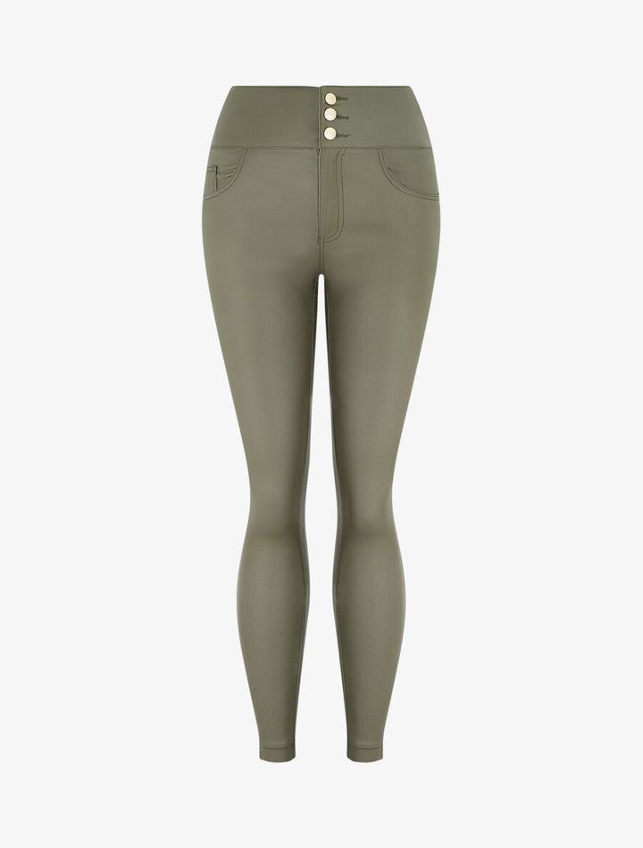 Pantalon slim taille haute effet ciré - Kaki