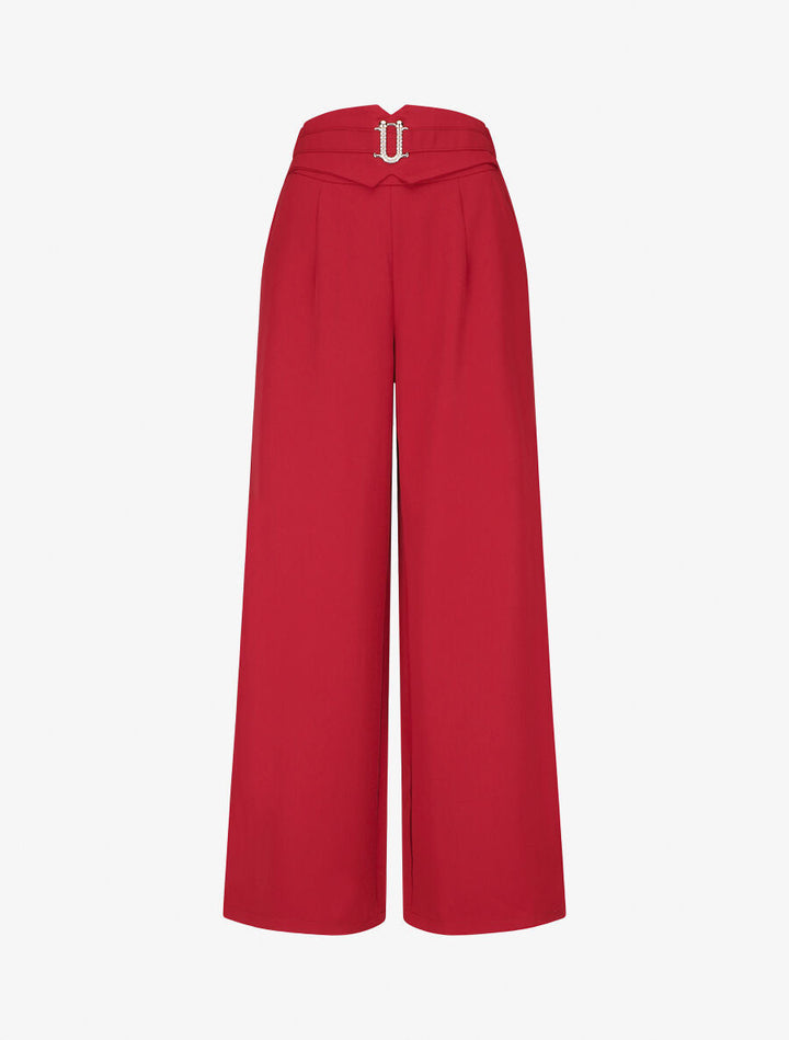 Pantalon ample taille haute à boucle fantaisie - Rouge