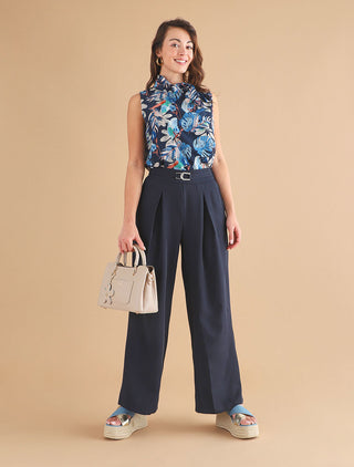 Pantalon ample taille haute à boucle style maillon - Marine