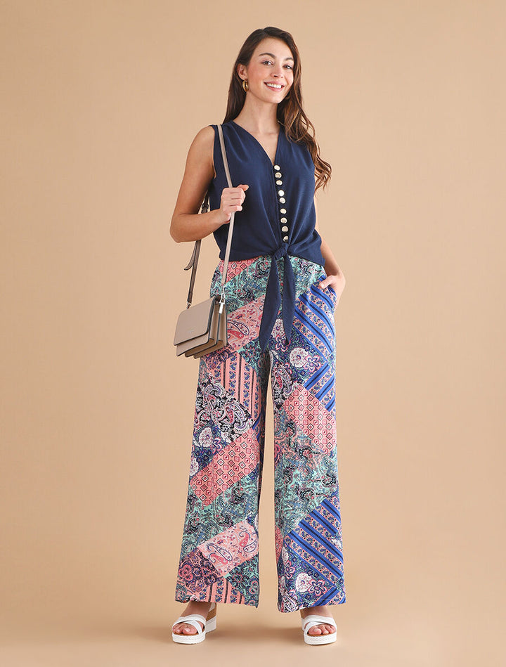 Pantalon fluide élastiqué imprimé fantaisie - Rose