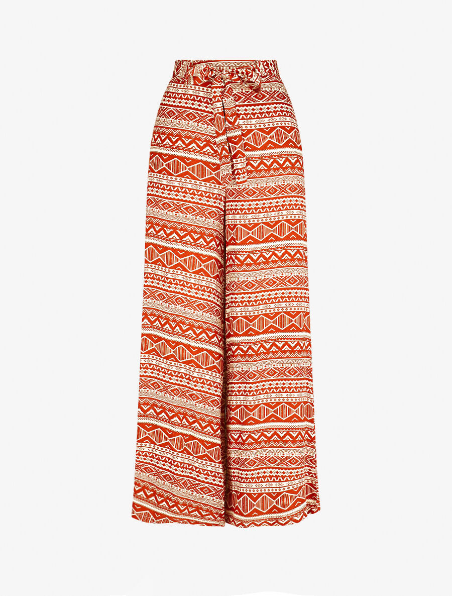Pantalon fluide élastiqué imprimé aztèque - Terre de sienne