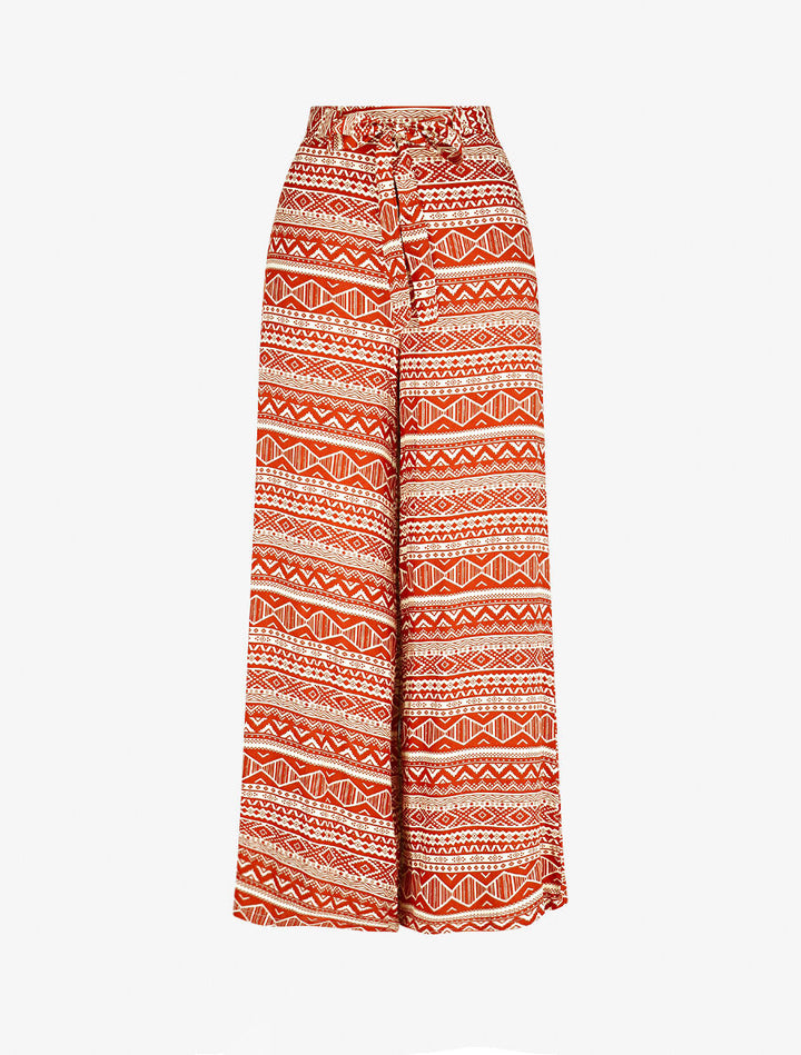 Pantalon fluide élastiqué imprimé aztèque - Terre de sienne