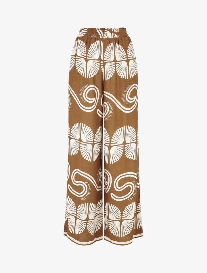 Pantalon fluide à taille élastiquée imprimé fantaisie - Marron