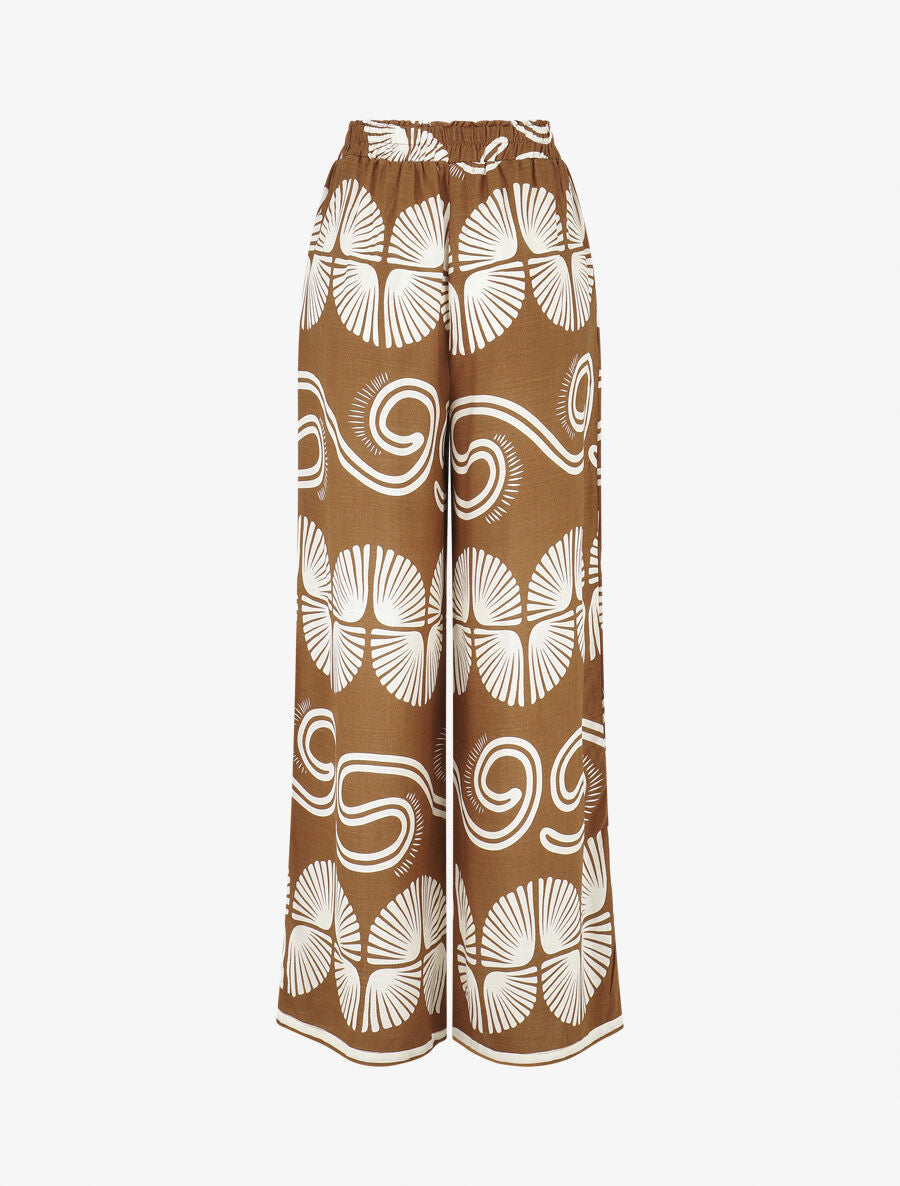 Pantalon fluide à taille élastiquée imprimé fantaisie - Marron