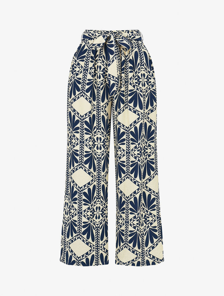 Pantalon imprimé ikat à taille haute élastiquée - Marine