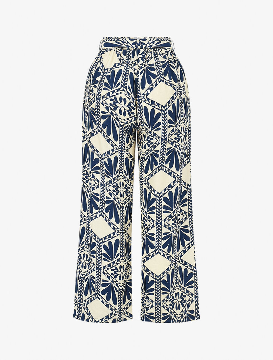 Pantalon imprimé ikat à taille haute élastiquée - Marine