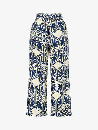 Pantalon imprimé ikat à taille haute élastiquée - Marine