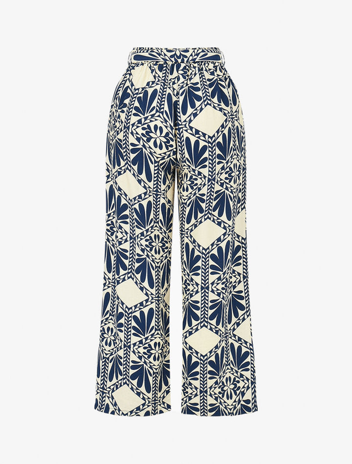 Pantalon imprimé ikat à taille haute élastiquée - Marine