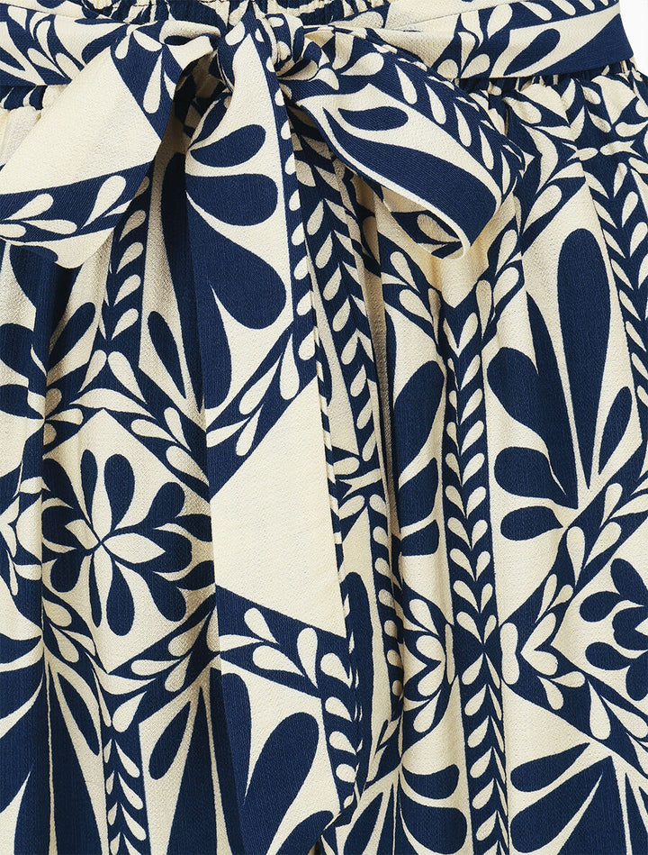 Pantalon imprimé ikat à taille haute élastiquée - Marine