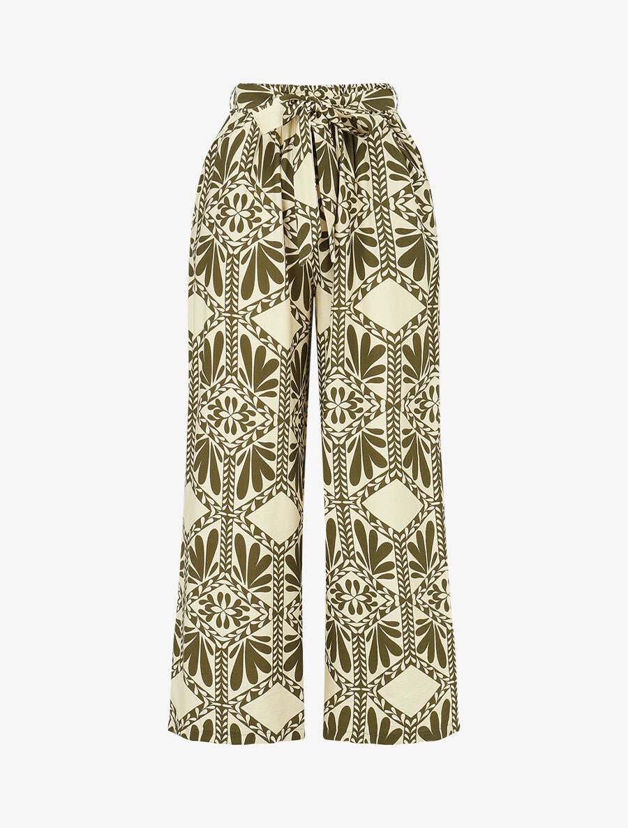 Pantalon imprimé ikat à taille haute élastiquée - Kaki