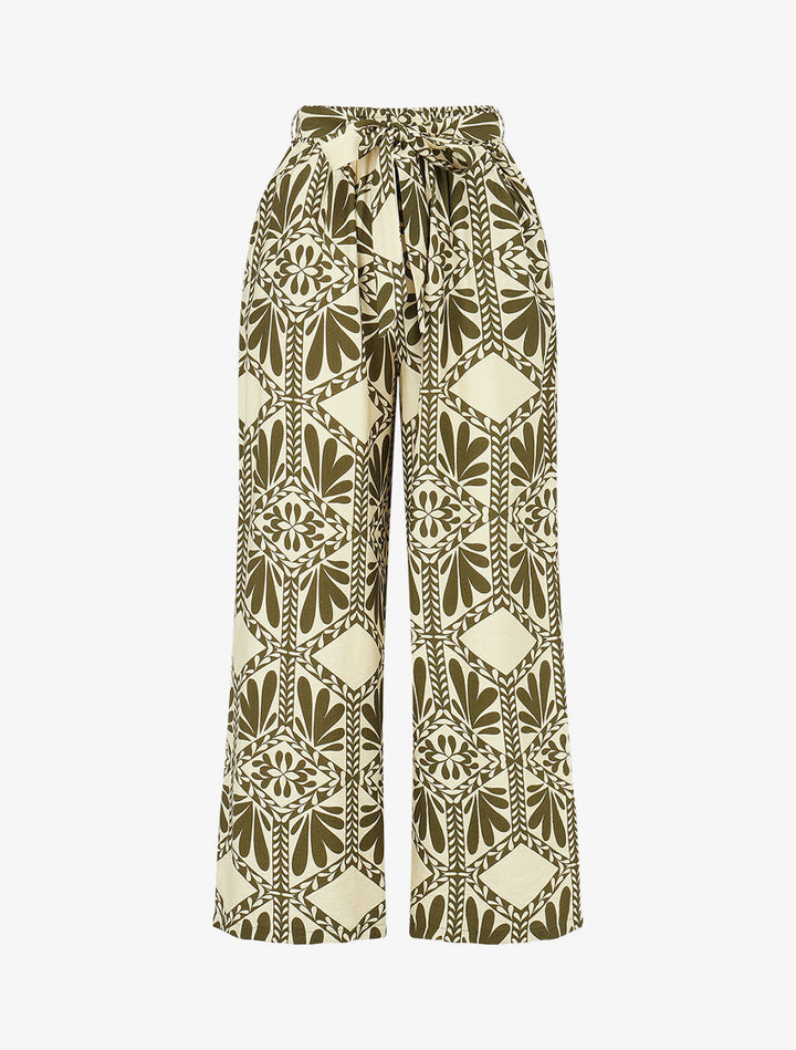 Pantalon imprimé ikat à taille haute élastiquée - Kaki