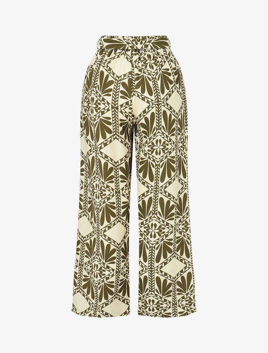 Pantalon imprimé ikat à taille haute élastiquée - Kaki